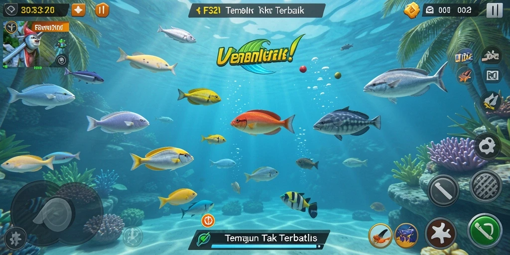 Tampilan gameplay F32 saat menembak ikan di lautan yang indah.