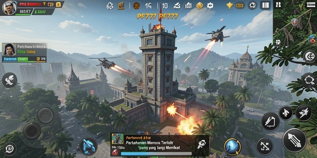 Screenshot gameplay PF777 dengan menara dan musuh yang beragam.