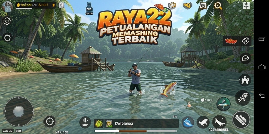 Tampilan gameplay RAYA22 yang menarik saat memancing di lautan.